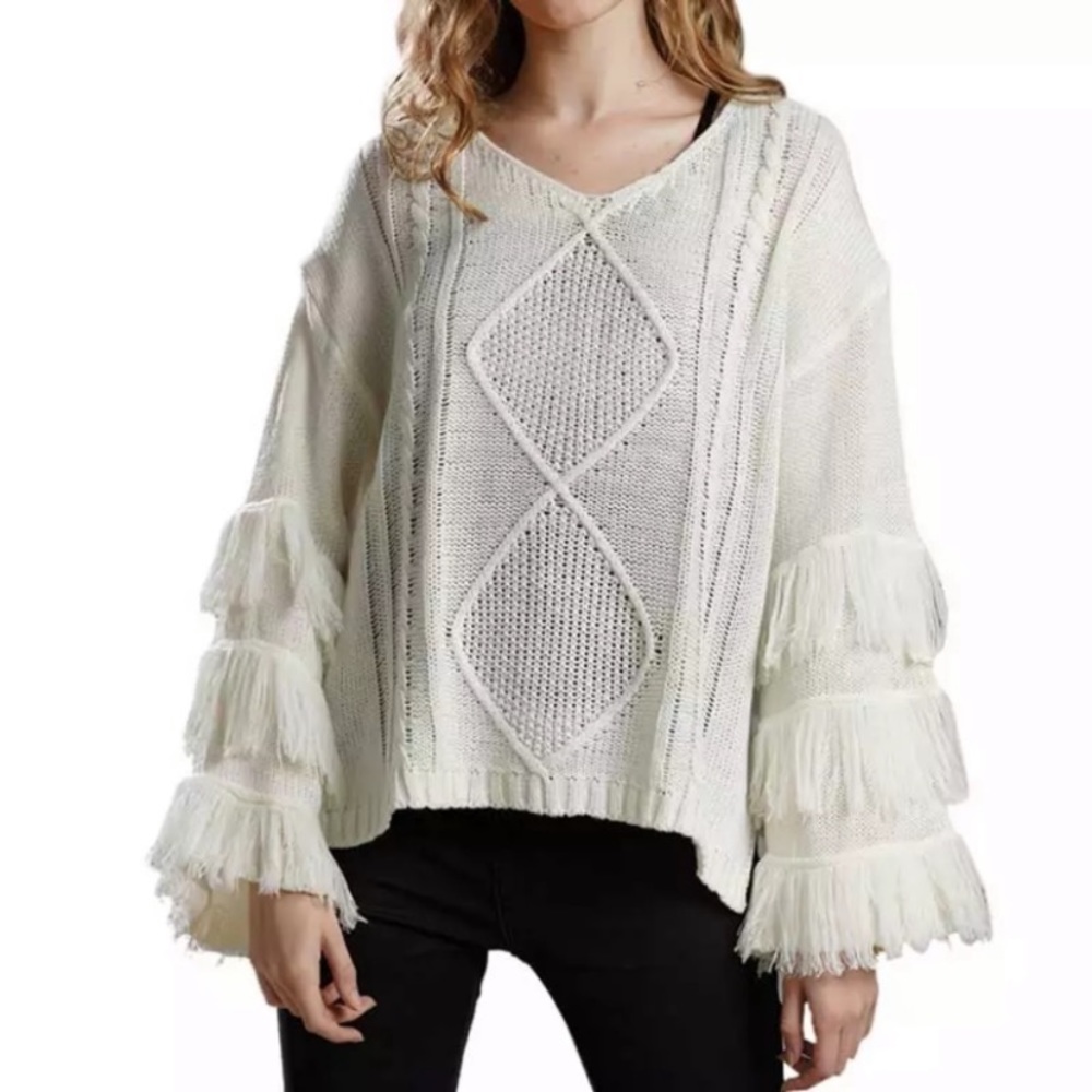 SOLD OUT Cream Knit Fringe Tassel V Neck Boho Sweater - Picture 3 of 3
